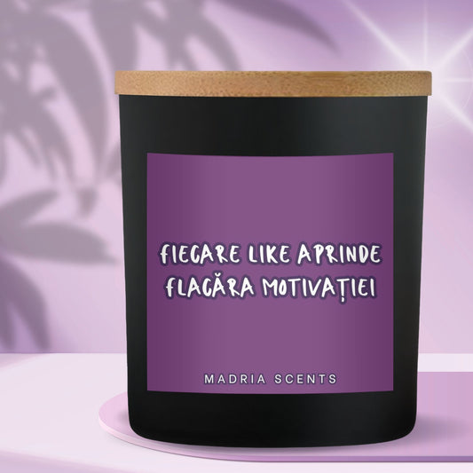Lumânare parfumată handmade “Fiecare like aprinde flacăra motivației” – fitil din lemn – parfum la alegere