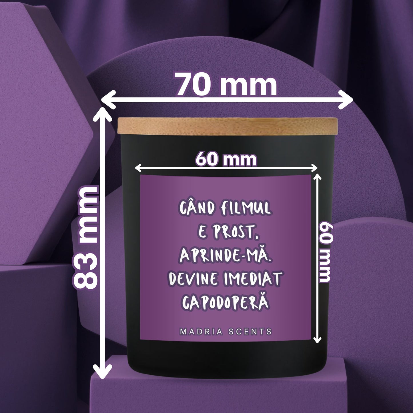 Lumânare parfumată artizanală, 200ml, recipient negru mat, cadou personalizat pentru cinefili.