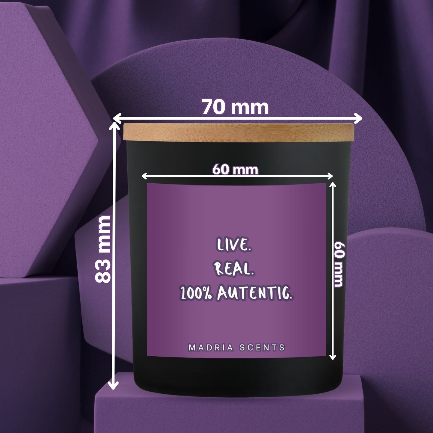 Lumânare parfumată handmade “Live. Real. 100% autentic.” – fitil din lemn – parfum la alegere